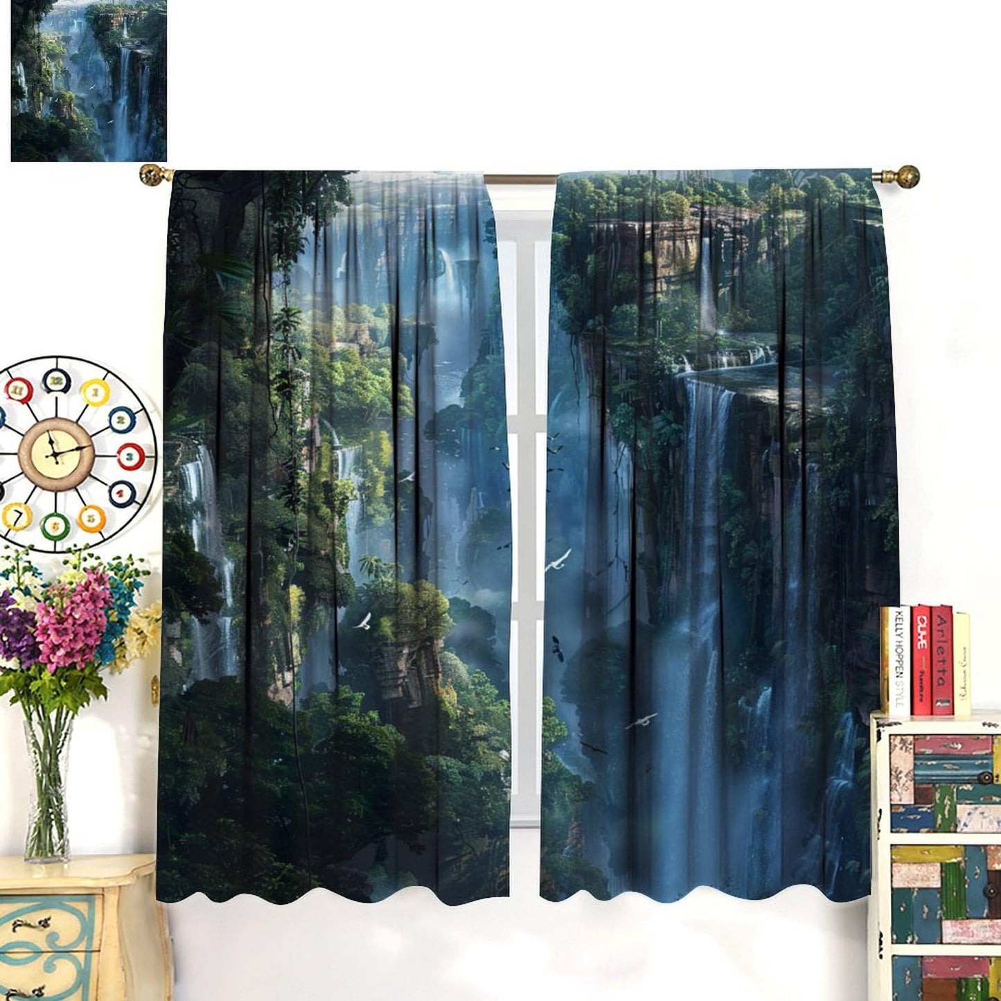 TOWINSFB Classic Waterfall Landscape Blackout Curtains, Forest Mountain Jungle Bird Home Decor Rod Pocket Window Drapes for Living Room Bedroom - 42" W x 63" L
