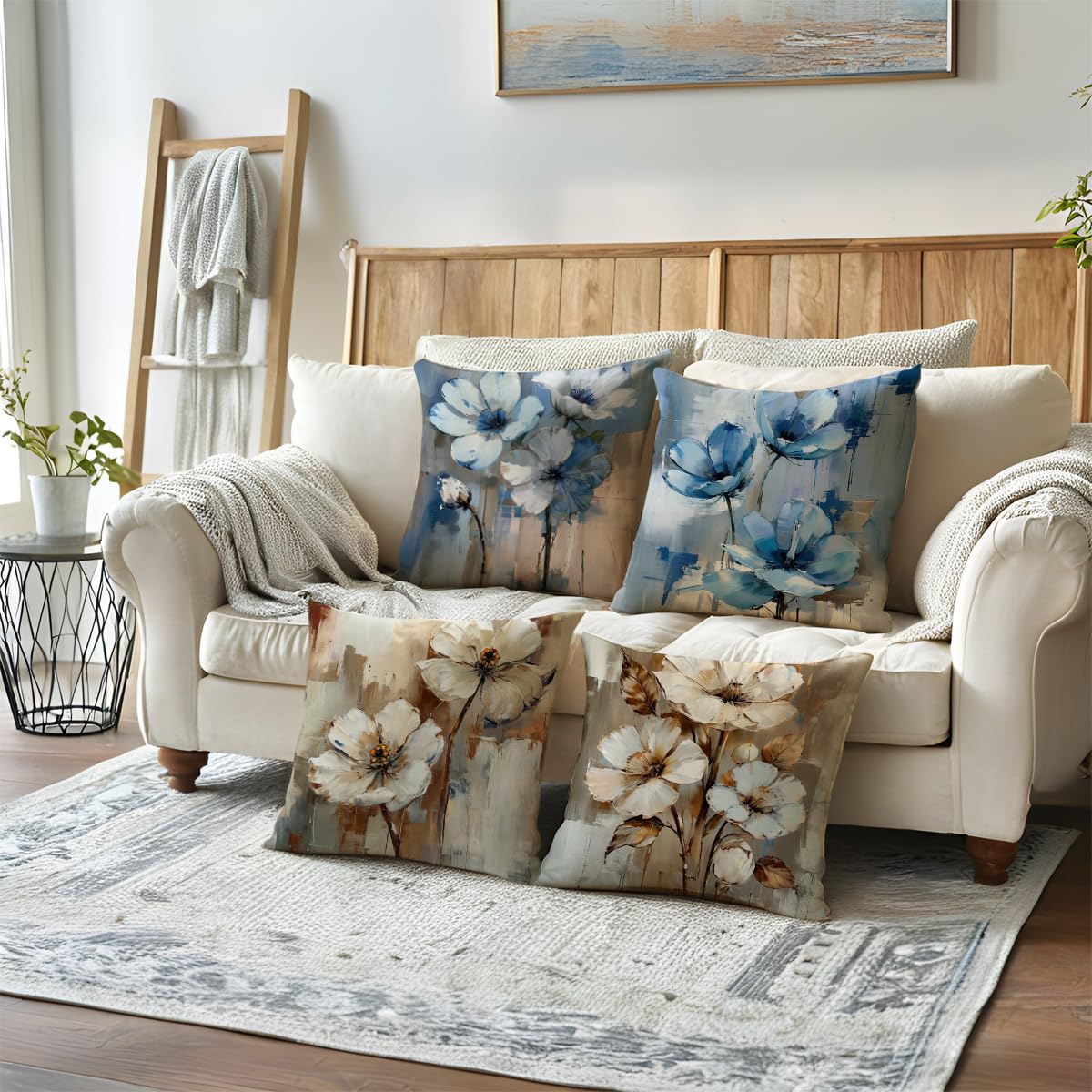 ULOVE LOVE YOURSELF 2Pack Flowers Decorative Pillow Covers Modern Blue Poppy Design Cushion Covers Oil Painting Pretty Floral Pillowcases 18 x 18 Inch Farmhouse Spring Summer Decorations (Blue)