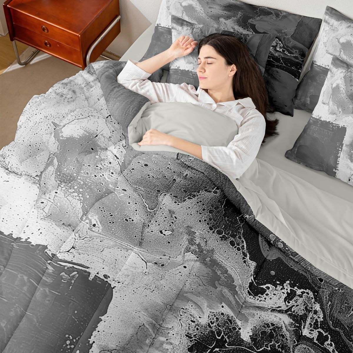 Feelyou Abstract Comforter Set with Sheets 7 Piece King Size Modern Abstract Art Bedding Set for Kids Boys Girls Luxury Bed in a Bag Geometric Room Decor Balck Gray Soft Lightweight Microfiber