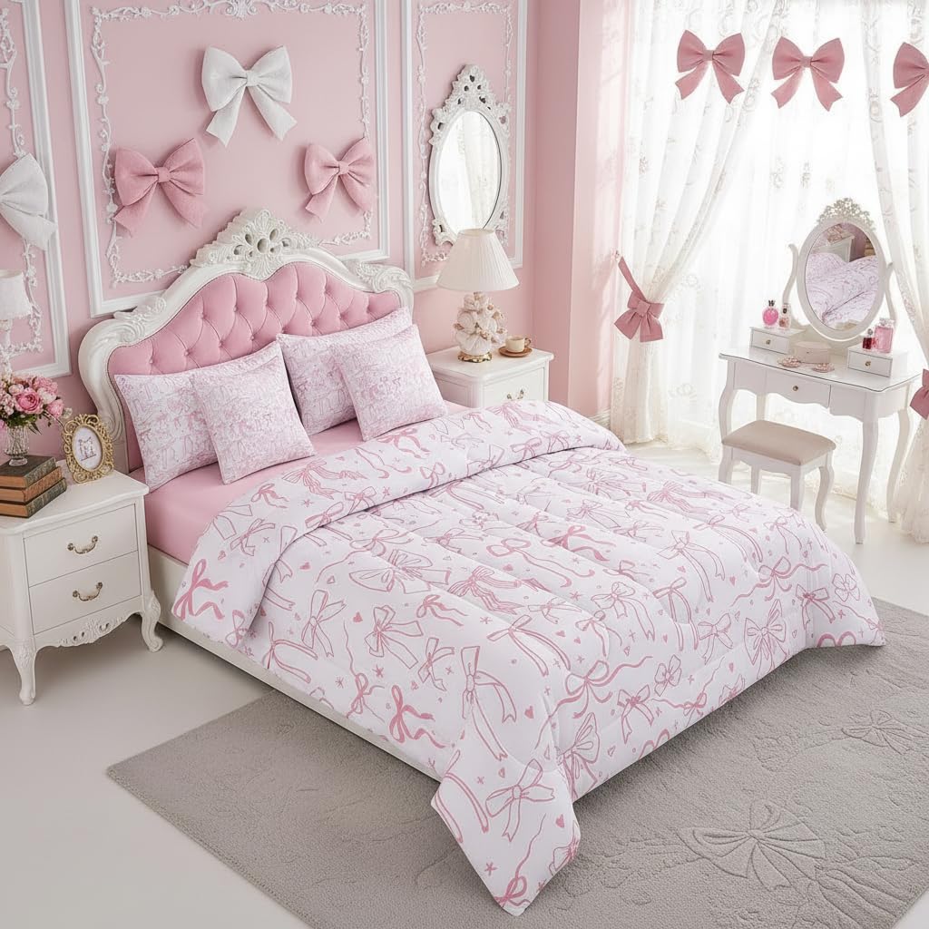 7 Pieces Pink Bowknot Kids Comforter Full,Cartoon Bow Tie Butterfly Knot Princess Girl Bedding Sets,Bow Star Love Pink Sweet Girly 1 Comforter 1 Fitted 1 Flat Sheet 2 Pillowcase,2 Throw Pillow Covers