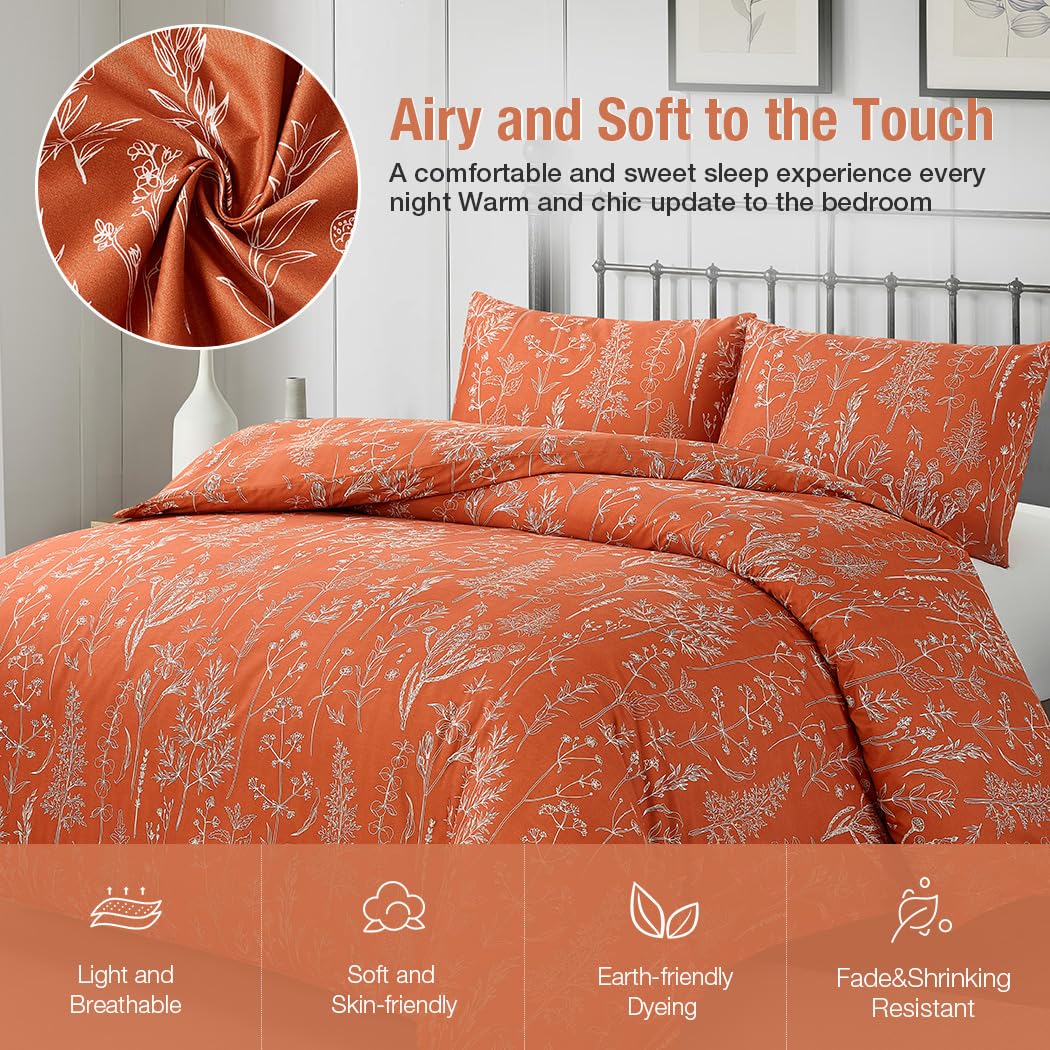 Lekesky Floral Duvet Cover Queen Size, Burnt Orange Queen Duvet Cover Plant Flowers Pattern Bedding Set for All Season, Soft Breathable Duvet Cover with Zipper Closure & Corner Ties