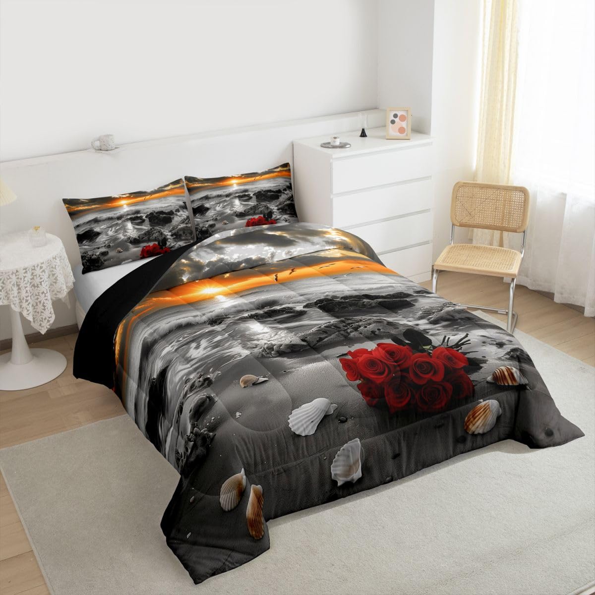 jejeloiu Black and White Gold Kids Comforter Set Toddler Size Rose Ocean Beach Zen Bedding Set Seascape Duvet Quilt for Kids Boys Girls Bedroom Decor Microfiber Ultra Soft Breathable