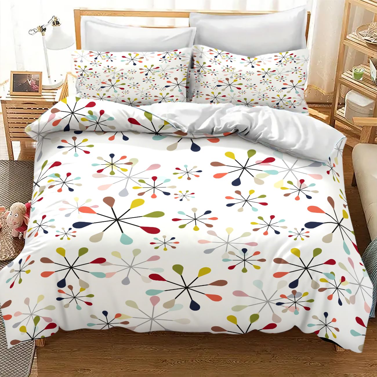 Lnepty Mid Century Bedding Set,Modern Geometric Atomic Abstract Iconic Pattern 1950s 1960s Retro Style Comforter Set with Pillowcase for Bedroom Bed Decor，Twin 86"x70"