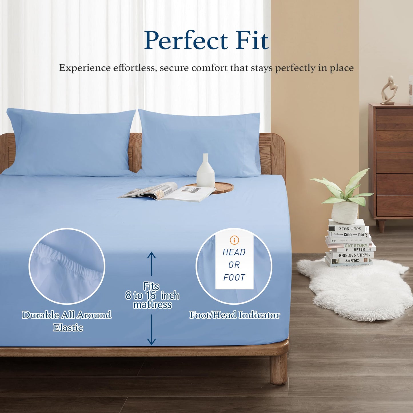 HOMTEC 100% Cotton Percale Fitted Sheet California King Size, 8-15" Deep Pocket Cooling Bottom Sheet, Breathable Soft & Crisp Fitted Sheet Only with 4 Corner Straps (Cal King, Placid Blue)