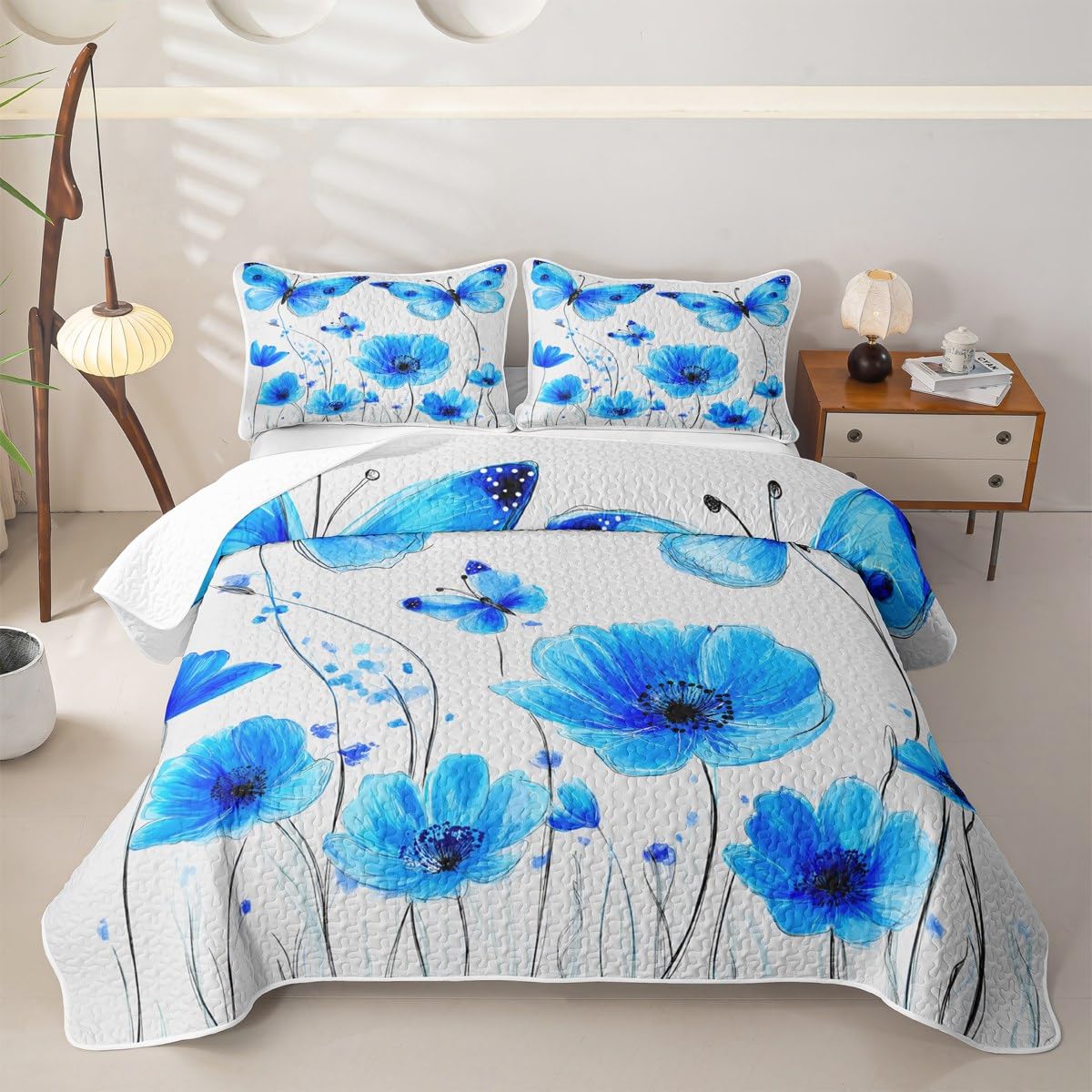 Erosebridal Butterfly Quilt Queen Blue Floral Quilt Set Rustic Flower Quilted Bedspread Retro Vintage Romantic Style Bedding Coverlet