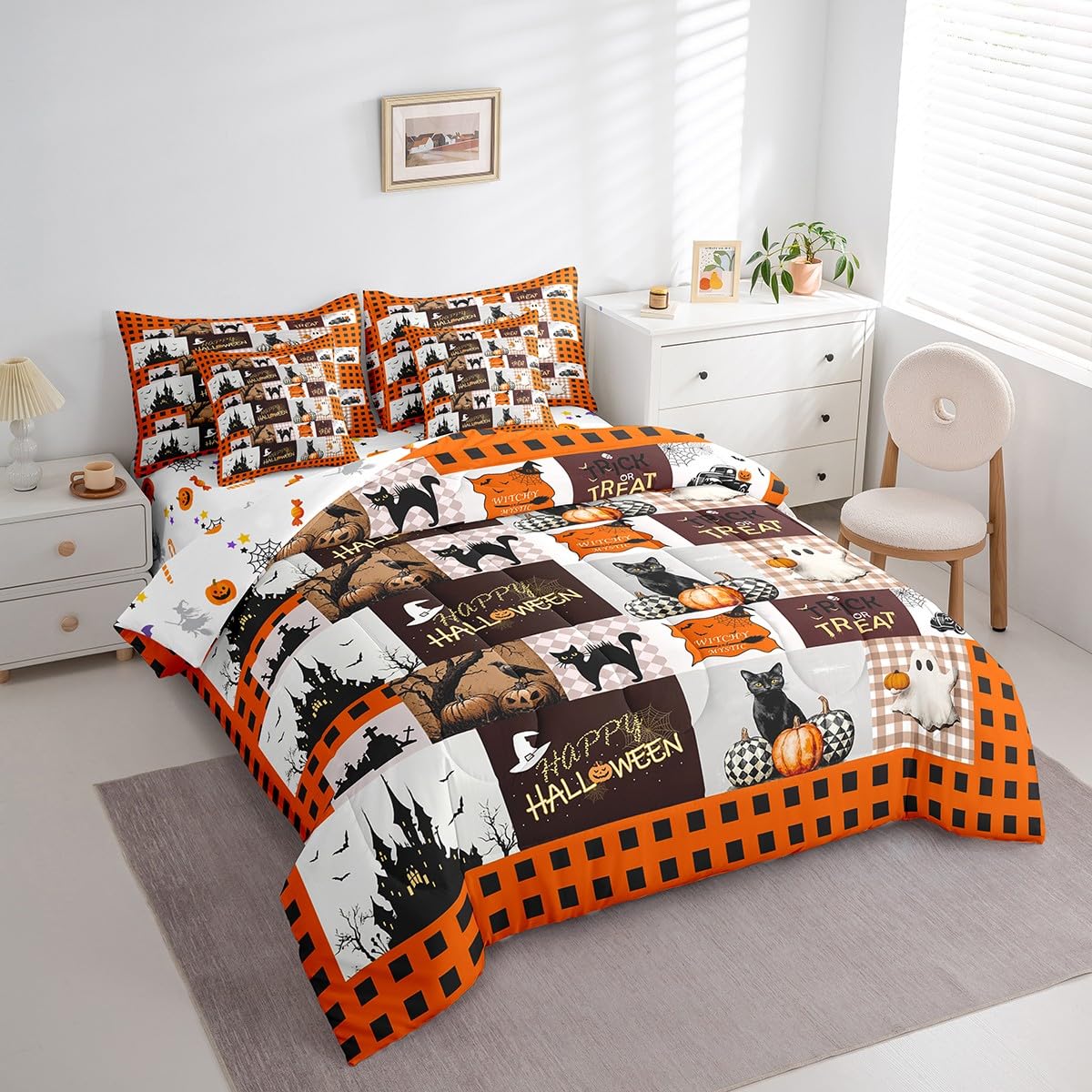 Erosebridal Plaid Halloween Bed in A Bag with Sheets Orange Cartoon Halloween Bedding Set Pumpkin Ghost Twin Comforter Set 7 Piece for Boys Girls Kids Gothic Black Cat Castle Bed Set