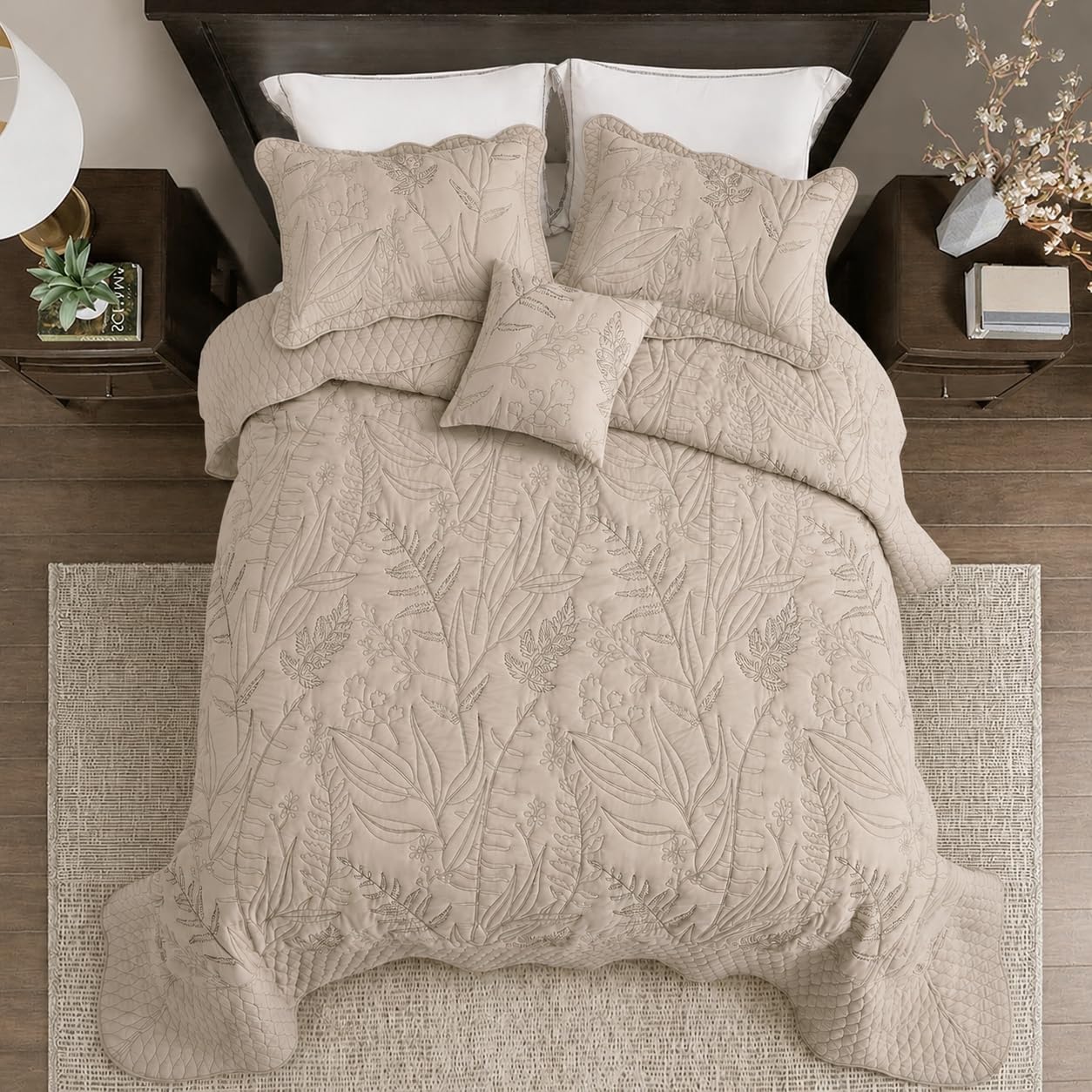 DaisyHuang Botanical Oversized Bedspread King Size - Leaves Pattern Stitching Quilt Set - Elegant & Fresh Style Bedding Coverlets, Reversible, Lightweight, 5 Piece, Taupe