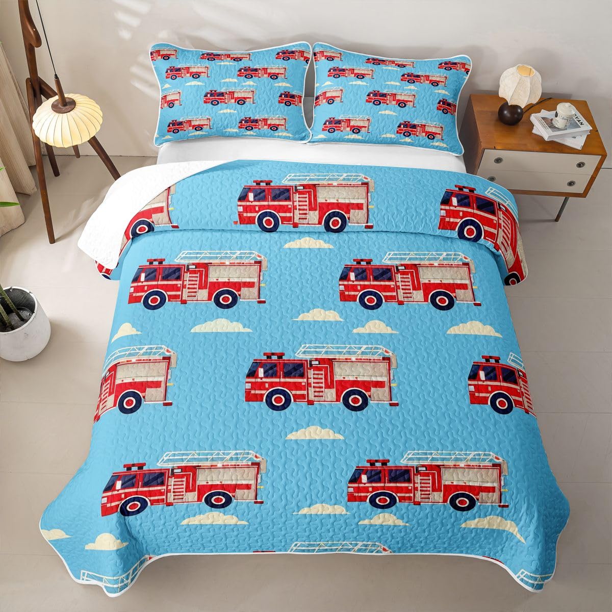 Erosebridal Cartoon Fire Truck Quilt Twin Red Firemen Car Quilt Set for Kids Boys Teens Adults White Cloud Blue Sky Coverlet Fire Engine Bedspread with 1 Pillowcase