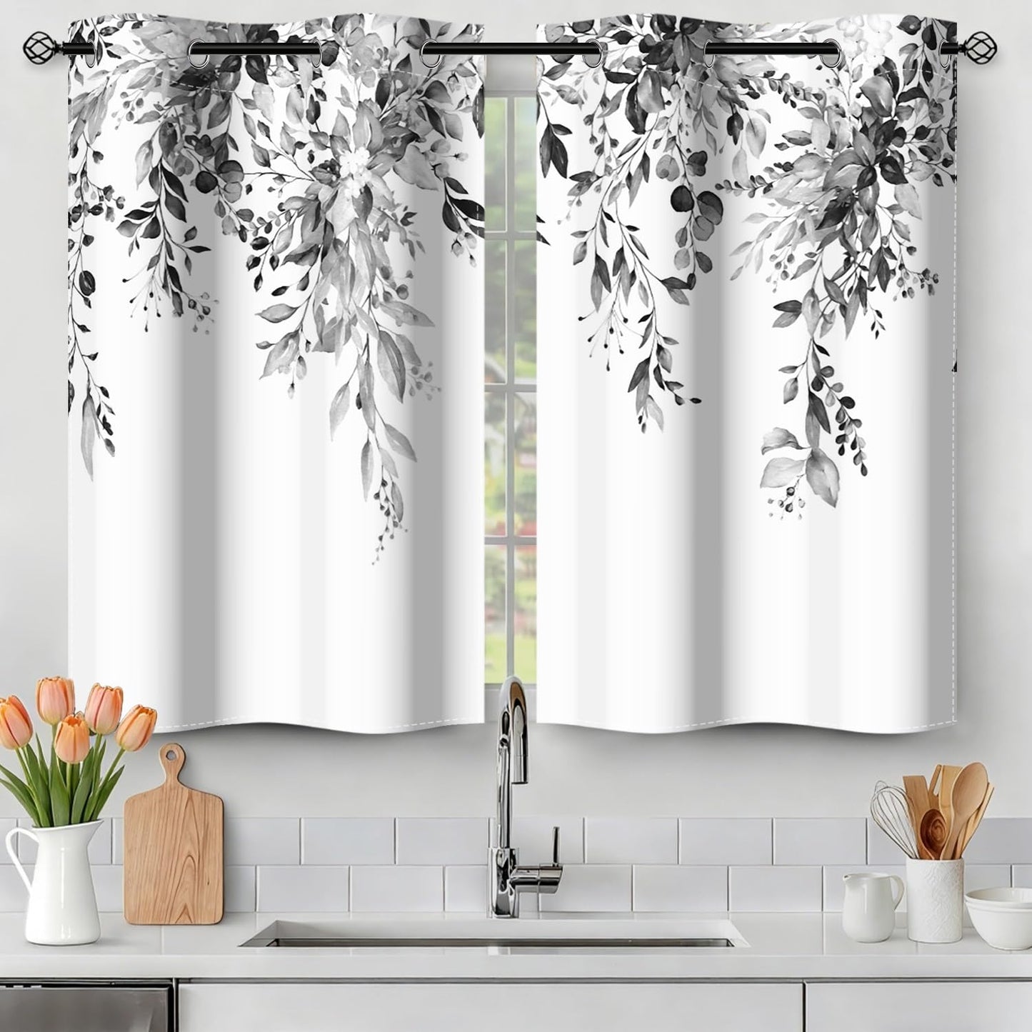 Ruelvth Grey Eucalyptus Kitchen Curtains, Small Spring Watercolor Leaves Blackout Curtains Short Cafe Tier Curtains for Dining Room RV Windows 26x36 Inch, 2 Panels
