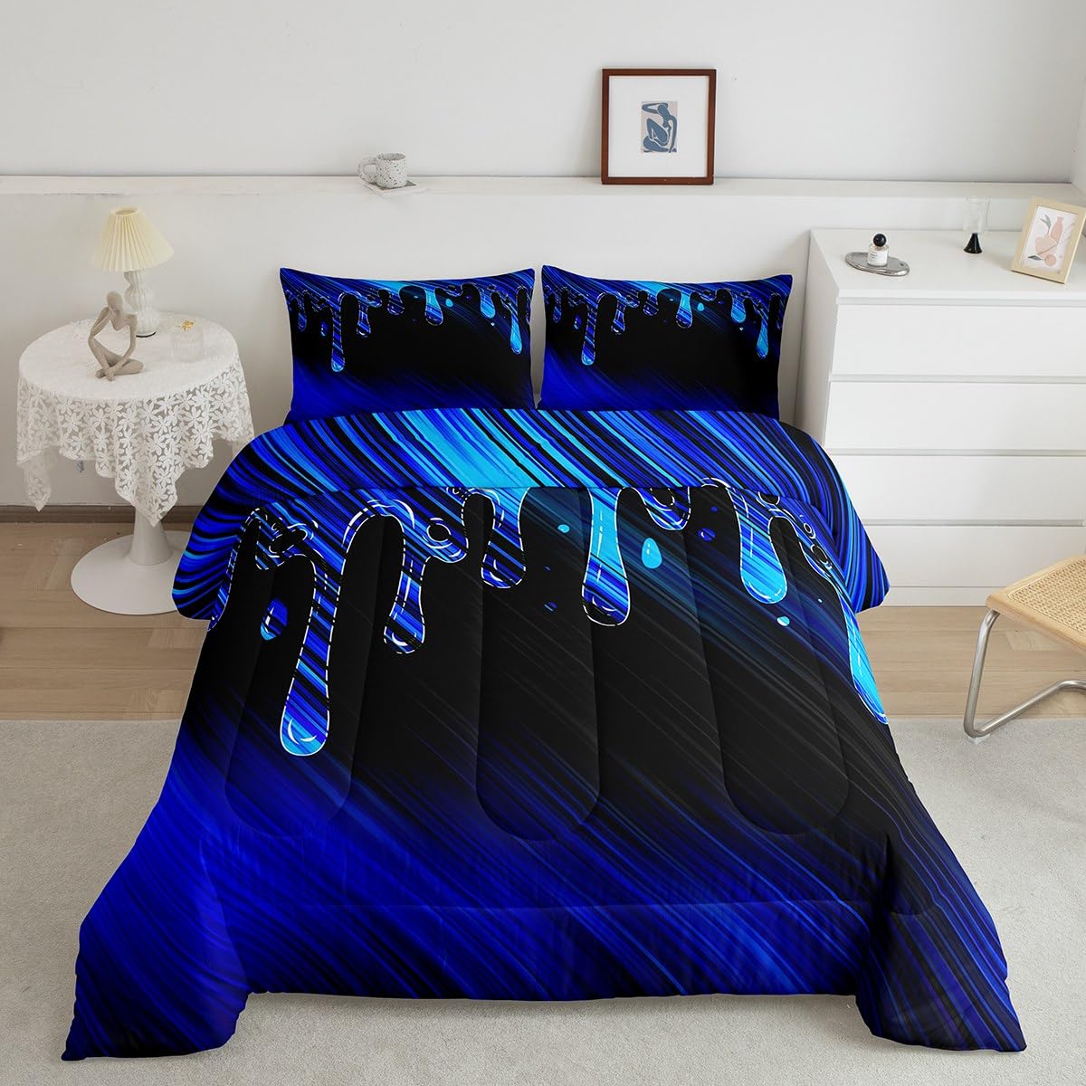 Feelyou Abstract Bedding Set Kids Ombre Blue Black Reversible Comforter Set Modern Art Comforter for Women Men Room Decor Drop-Shaped Duvet Set Full Size with 2 Pillow Case