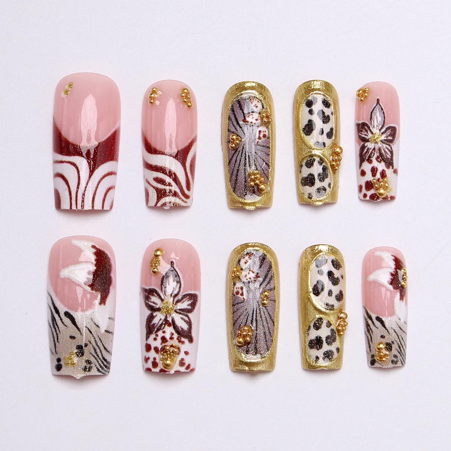 MISUD Press on Nails - Long Square Fake Nails with Brown Flower Cheetah, Acrylic Gold Chrome Design 24 pcs