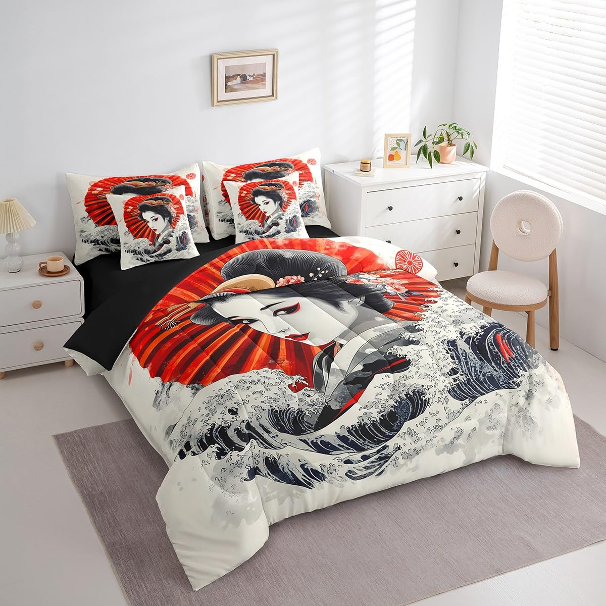 Erosebridal Japanese Geisha Comforter Set Twin,Samurai Ukiyoe Bedding Set 7Pcs,Japan Marine Coastal Nautical Quilt,Aesthetic Kimono Bed in a Bag