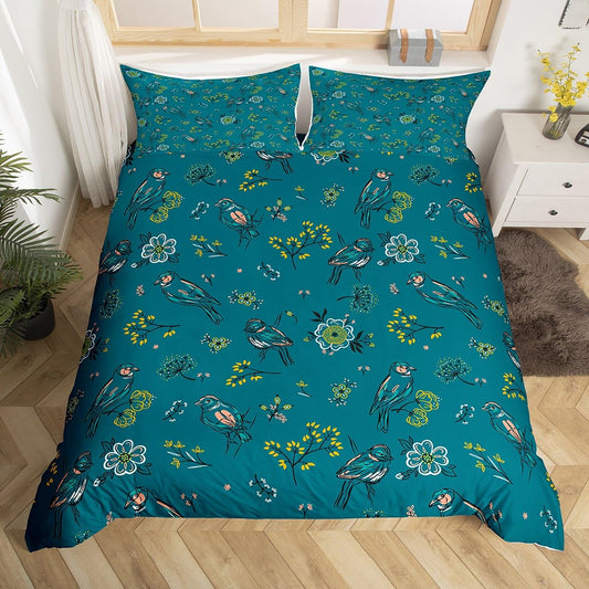 Manfei Vintage Teal Duvet Cover Set Queen Size, Flowers Birds Print Comforter Cover with 2 Pillowcases, Vintage Flower Bedding Set 3pcs for Kids Boys Girls, Lightweight Bedspread Cover,No Comforter