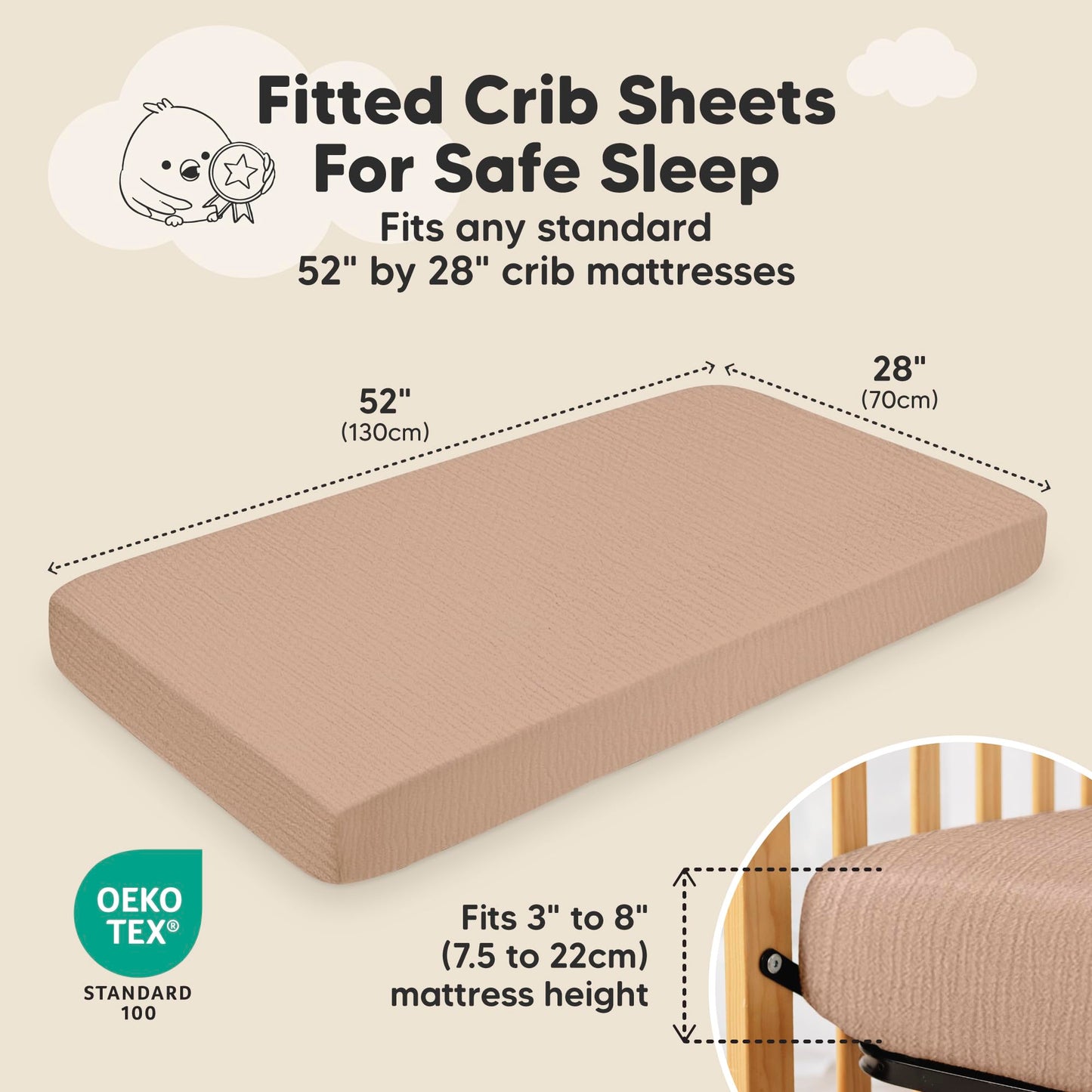 KeaBabies 2-Pack Muslin Crib Sheets for Boys, Girls - 100% Organic Cotton Fitted Baby Crib Mattress Sheet, Soft Breathable Standard Toddler Bed Cover Bedding Set, Neutral, Durable 52x28 (Almond)