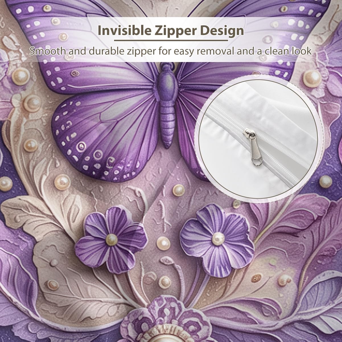 MILANKET Purple Butterfly Duvet Cover Set, Ornate Fantasy Floral Bedding with Lavender Gradient, Soft Microfiber Zipper Closure and Corner Ties for Romantic Bedroom Decor, 3 Piece Twin