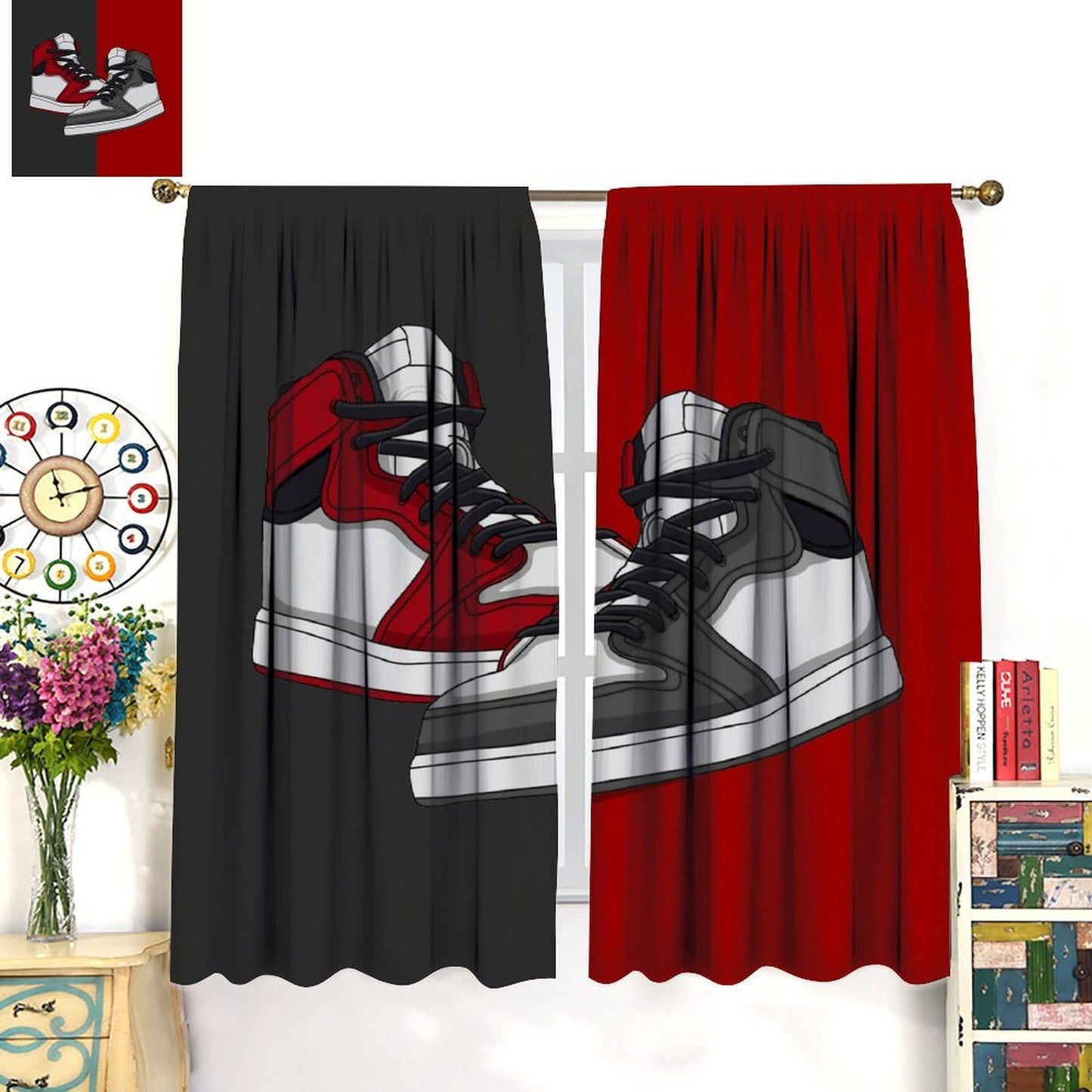 Mchenxin Shoes Boys Curtains, Cool Red Grey Sports Sneaker Footwear Retro Basketball Shoes Print Window Curtains Drapes for Kids Teens Bedroom Living Room, 42x45in (No Blackout)