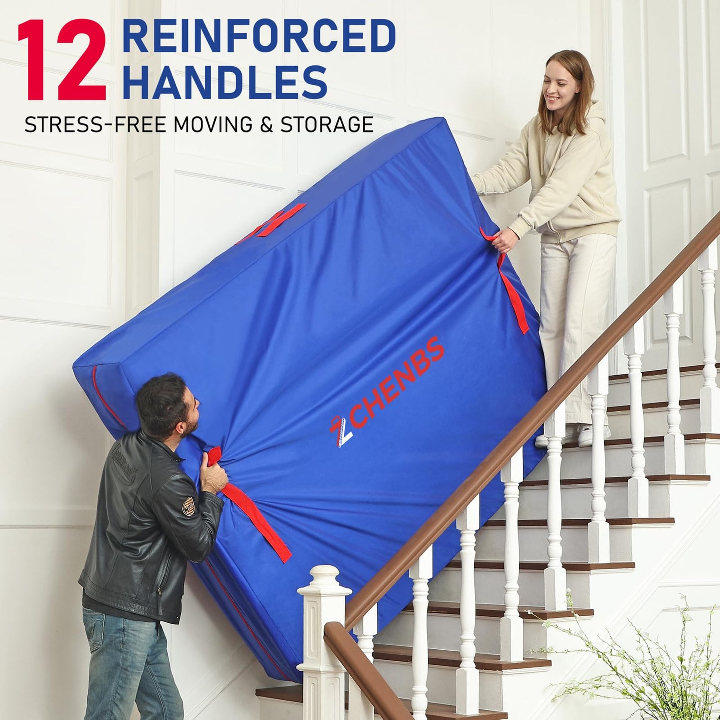 ZCHENBS Cal King Mattress Bags for Moving, Mattress Storage Bag with 12 Reinforced Handles & Strong Zipper, Heavy-Duty Waterproof Mattress Cover Bed Protector Reusable Moving Supplies, Blue