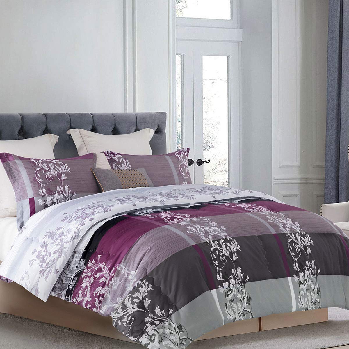 SLEEPBELLA Comforter King Size, 600 Thread Count Cotton Grey Paisley & Purple Comforter Sets, Down Alternative Bedding Set 3Pcs(King, Purple Paisley)