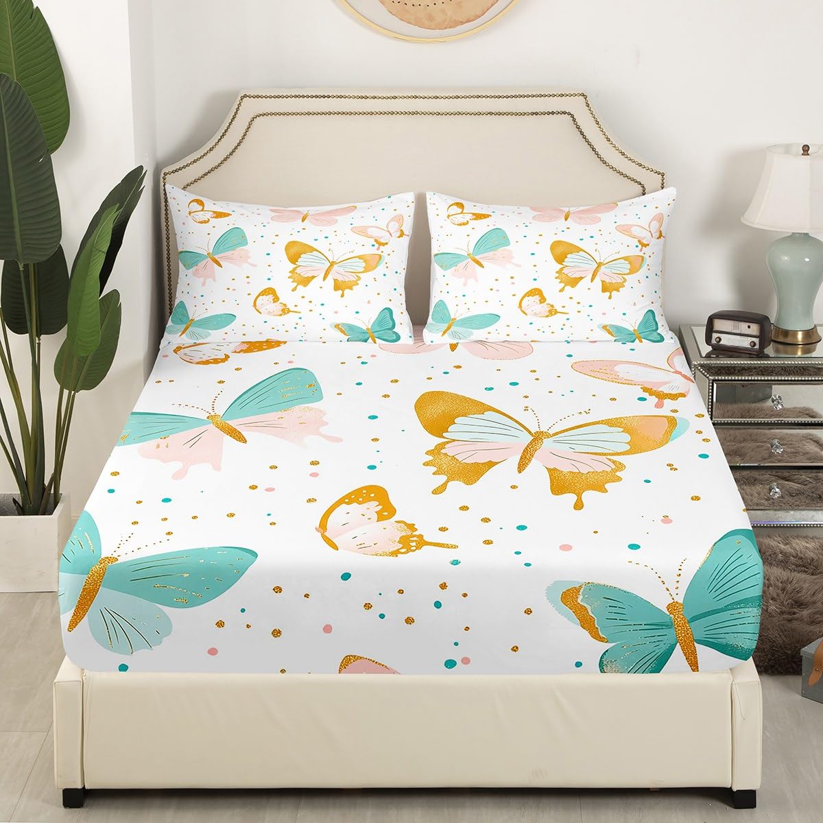 Feelyou Kids Butterfly Fitted Sheet Full Size, Rainbow Bed Sheet Set Boys Girls Butterfly Floral Bedding Set Glitter Teens Bed Cover Bedroom Decor Lightweight Bed Set (No Flat Sheet)