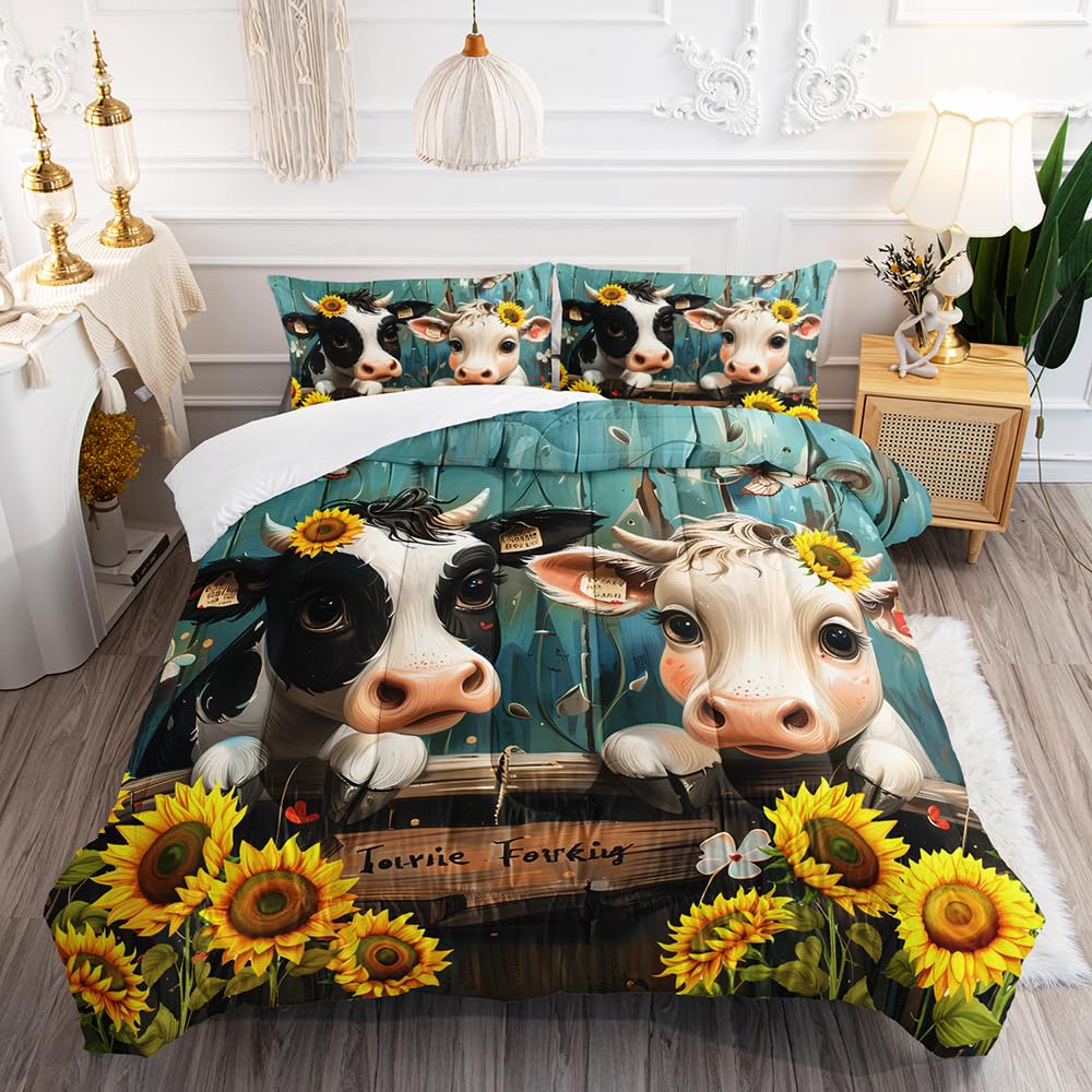 XYNHML Cute Cow Print Comforter Set Twin Size Sunflower Highland Cow Bedding Set Farm Animals Cow on Fence Quilt Bed Set with 1 Comforter and 2 Pillowcases for Kids Boys Girls Room Decor, D-cow2