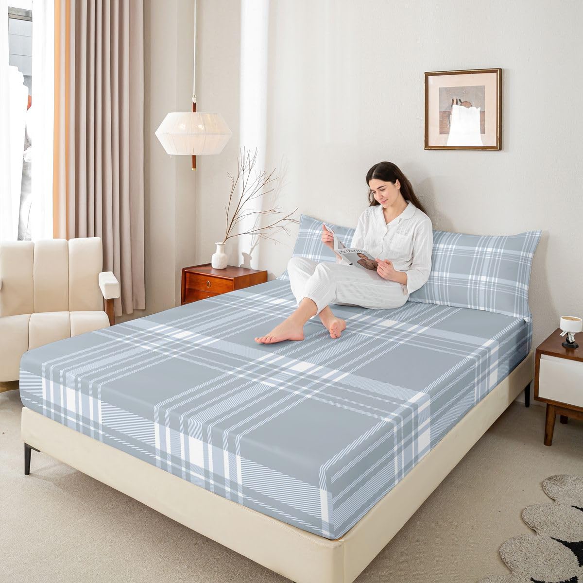 jejeloiu Classic Plaid Fitted Sheet with 1 Pillowcase Twin Size Gray Checkerboard Bed Sheets Set 16" Deep Pocket Boys Girls Farmhouse Bedding Aesthetic Grid Teens Bedroom Decor Breathable