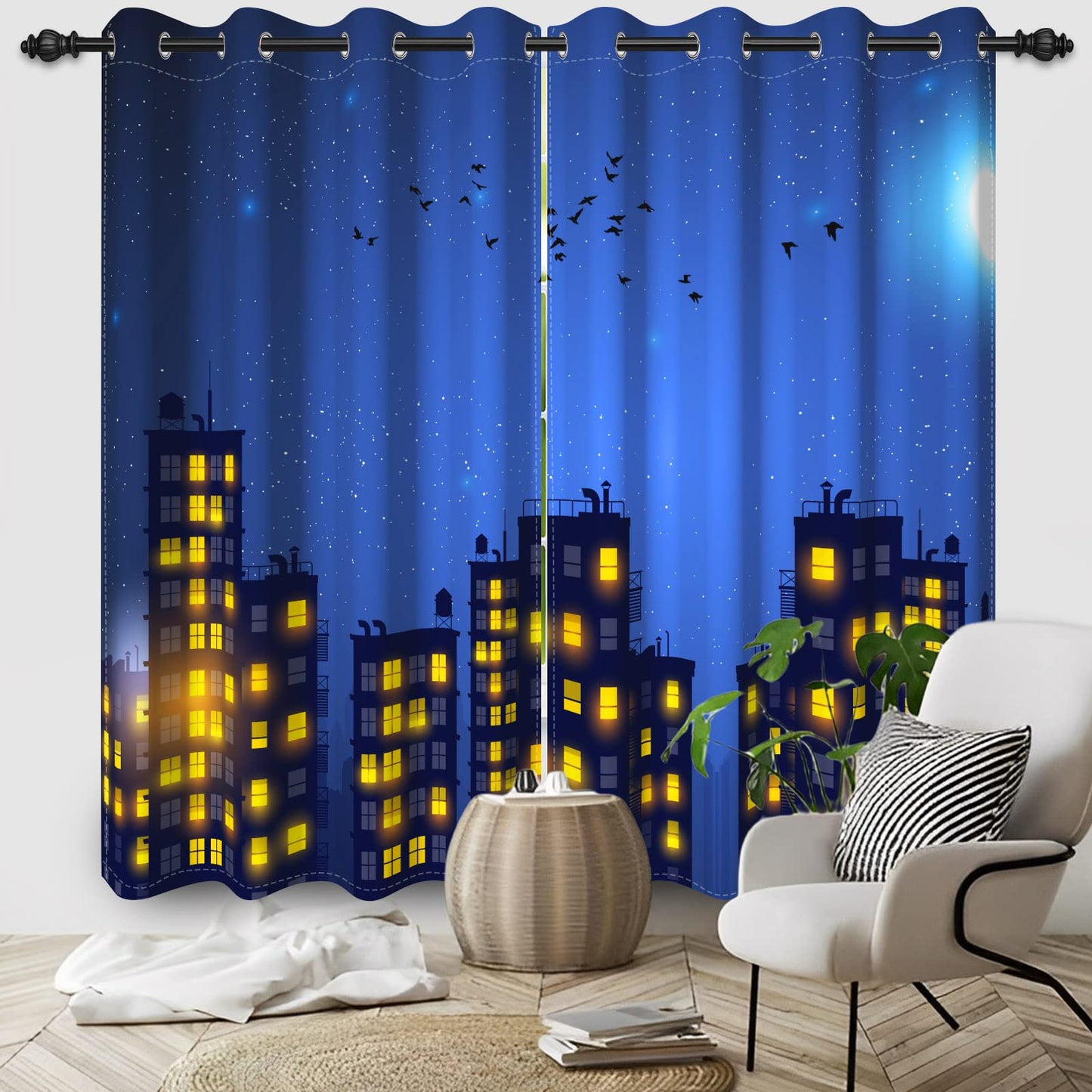 SIEDYCV 21x45inches Superhero City Curtains Humor Cartoon Comic Super Hero City Skyline Buildings Window Drapes 2 Panels Room Darkening Thermal Insulated Window Curtains for Boys Bedroom Living Room
