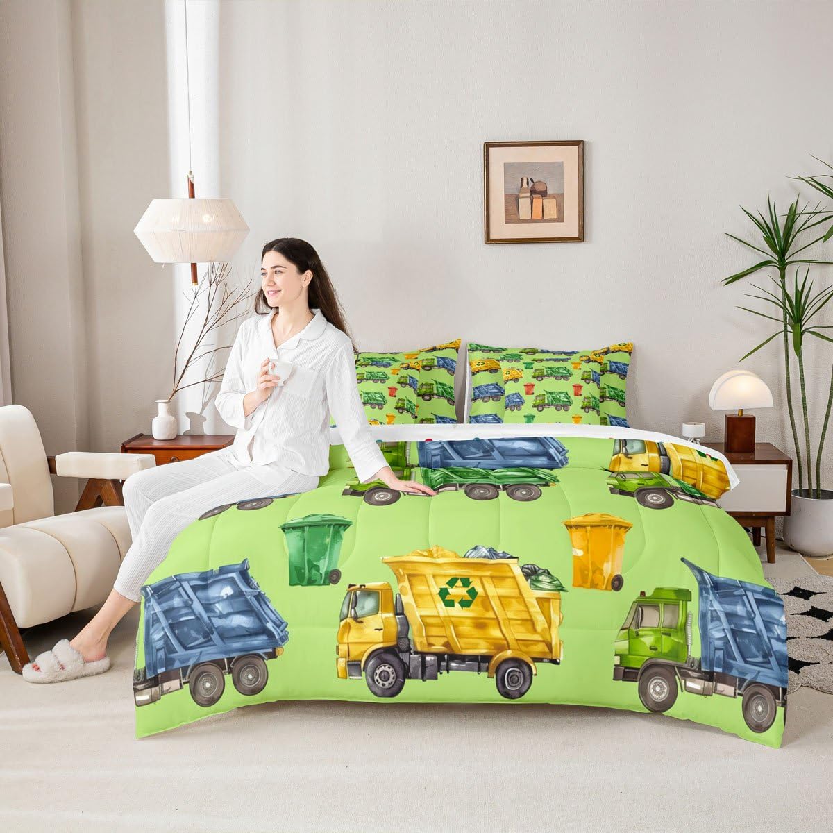 Erosebridal Boys Garbage Trucks Twin 7-Piece Bedding Set, Trash Truck Comforter Set with Sheets, Cartoon Car Bed in A Bag for Teens Men Kids Room Decor, Colourful Trash Cans Green Bed Sets