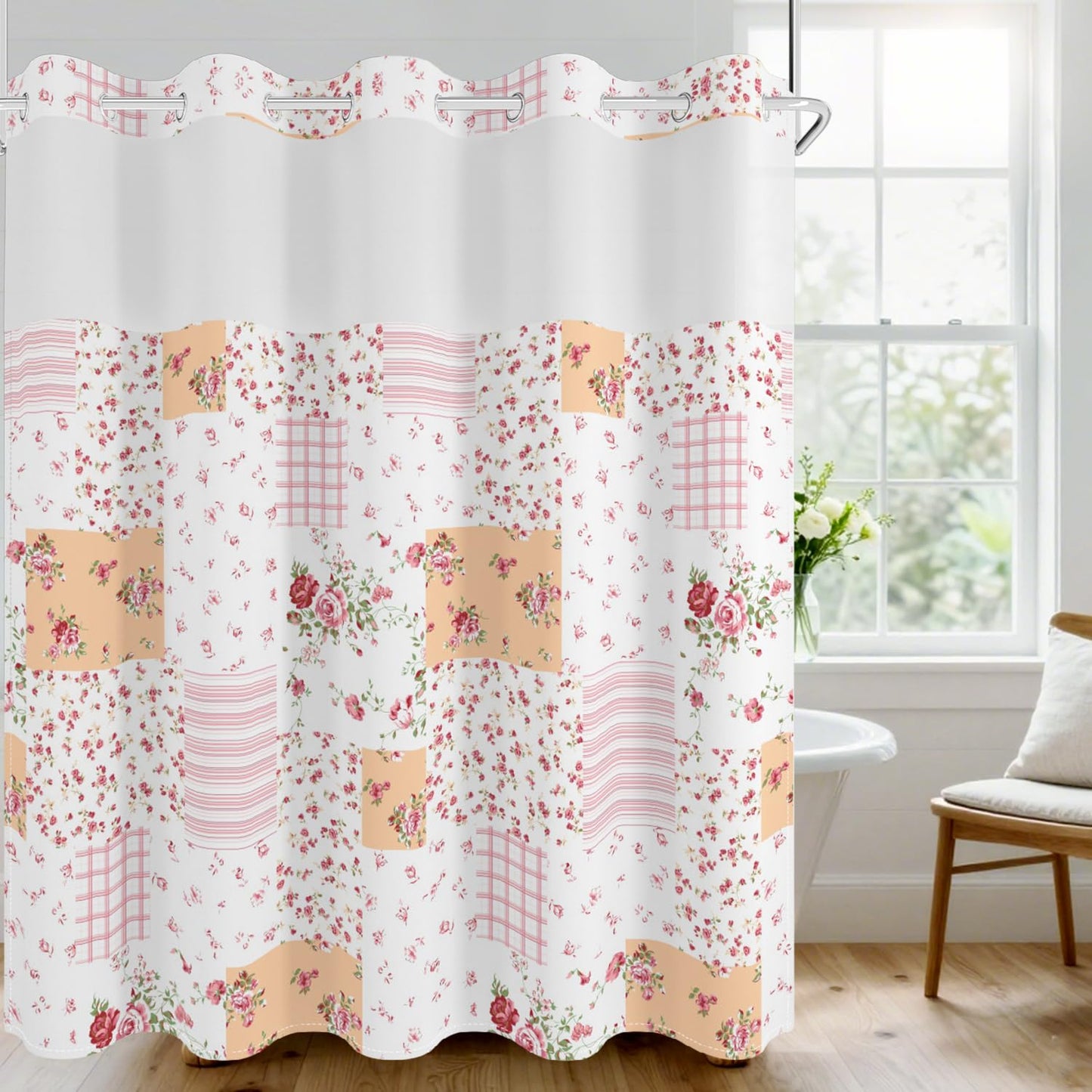 No Hook Shower Curtain with Snap in Fabric Liner Set, Waterproof & Washable, Patchwork Pink Rose Floral Shower Curtains for Bathroom, Farmhouse Rustic Flower Bathroom Curtain, House Gift, 71x74 inch