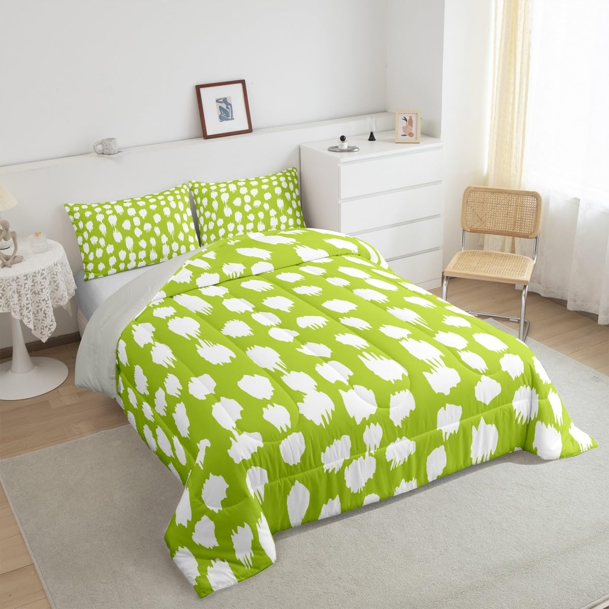 Erosebridal Lime Green Comforter Set Abstract Polka Dots Bedding Set Queen Size Boho Circle Down Comforter for Kids Boys Girls Adults Lime Green Brush Stroke Spots Quilt Duvet Fashion Room Decor