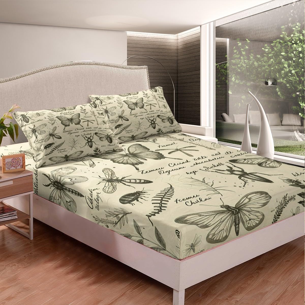 Butterfly Moth Fitted Sheet Full Size,Insects Beetles Entomological Theme Bedding Set for Kids Teens Boys Girls Room Decor,Sketch Palm Leaf Botanical Bed Sheet Rustic Boho Deep Pocket Sheet 3Pcs