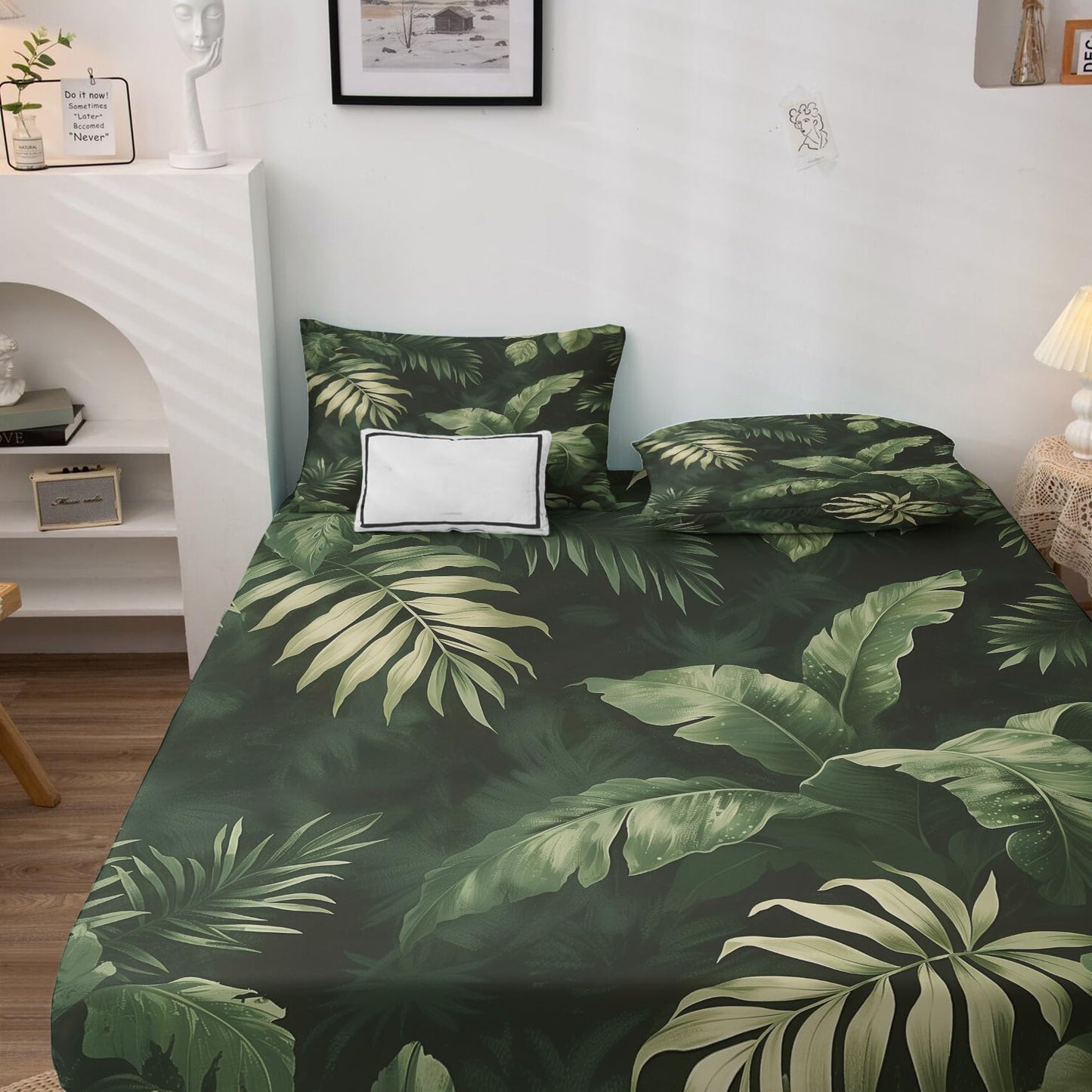 NOGAWA Green Leaf Sheets Queen, Tropical Leaves Bed Sheets, Deep Pocket & Soft Microfiber Bedding Sheets & Pillowcases 4 Piece - Fitted Sheet & Flat Sheet & 2 Pillow Cases