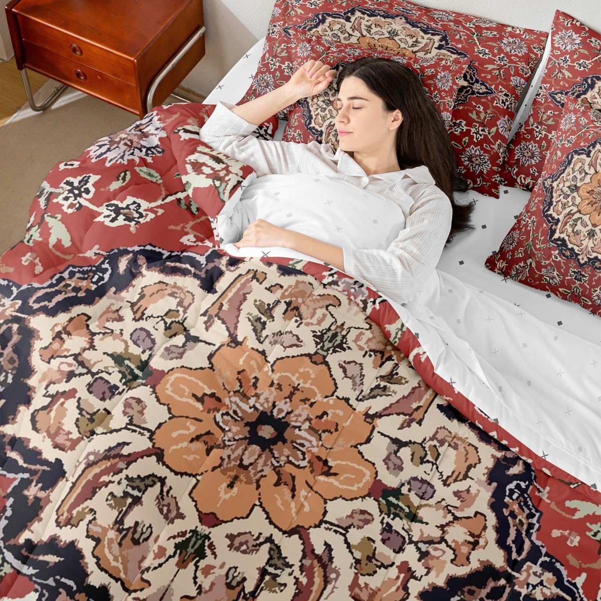 jejeloiu Retro Floral Boho Comforter Set with Sheets 7 Piece Twin Size Boho Bed in a Bag Kids Boys Girls Western Decor Bedding Set Bedroom Decor Breathable Soft Lightweight Microfiber