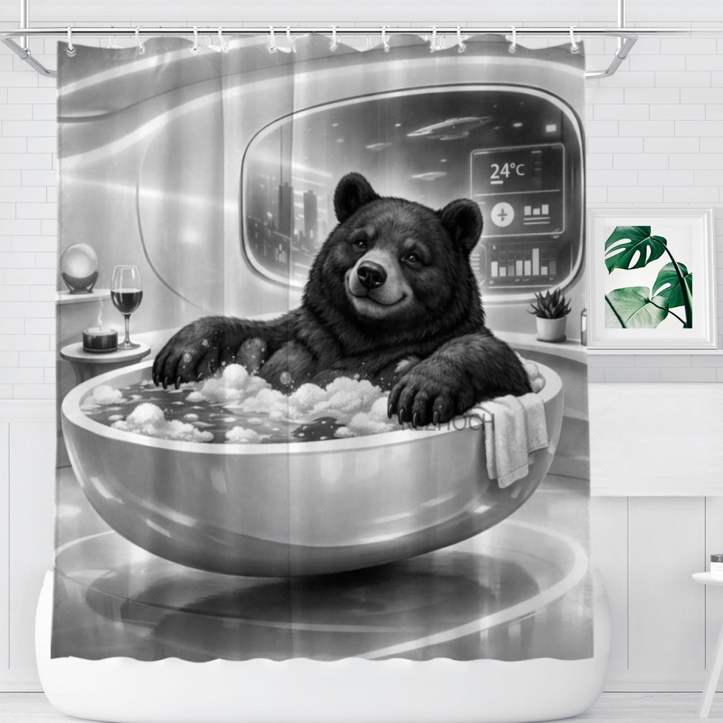 REZHOCH Black and White Fun Black Bear Shower Curtain 72x72Inch,Futuristic Design Modern Minimalist Home Bathroom Decor,Cute Animal Bathtub Bubble Waterproof Bath Set with Hooks