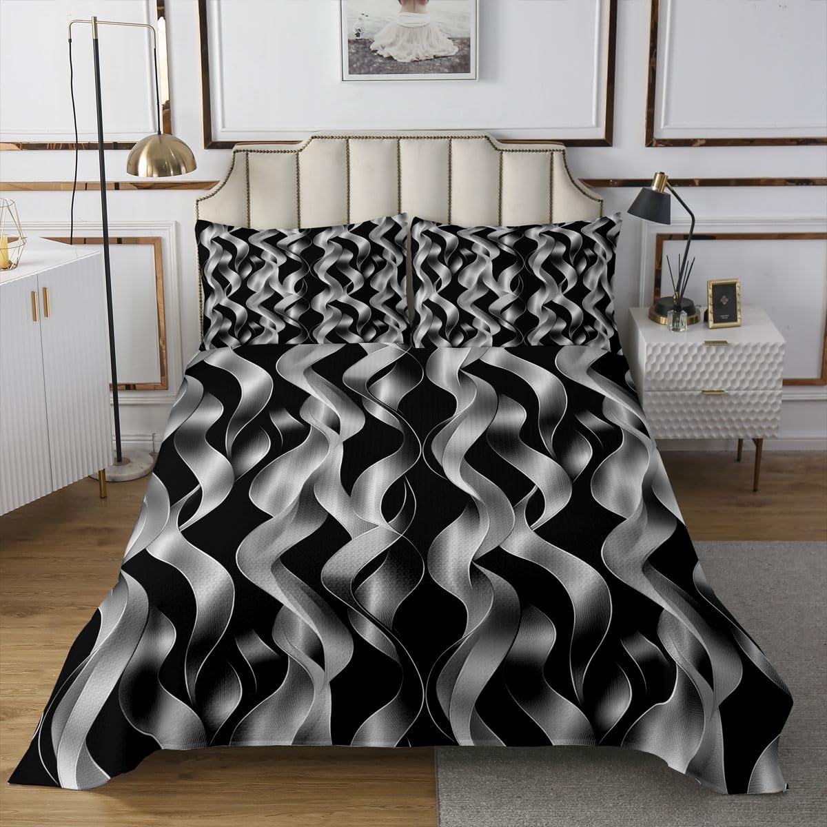 jejeloiu Modern Abstract Geometric Bedspread 3 Pieces Queen Size Geometric Spiral Pattern Coverlet Set Soft Cozy Black Lightweight Quilted Coverlet for All Season with 2 Pillowcases Modern Striped