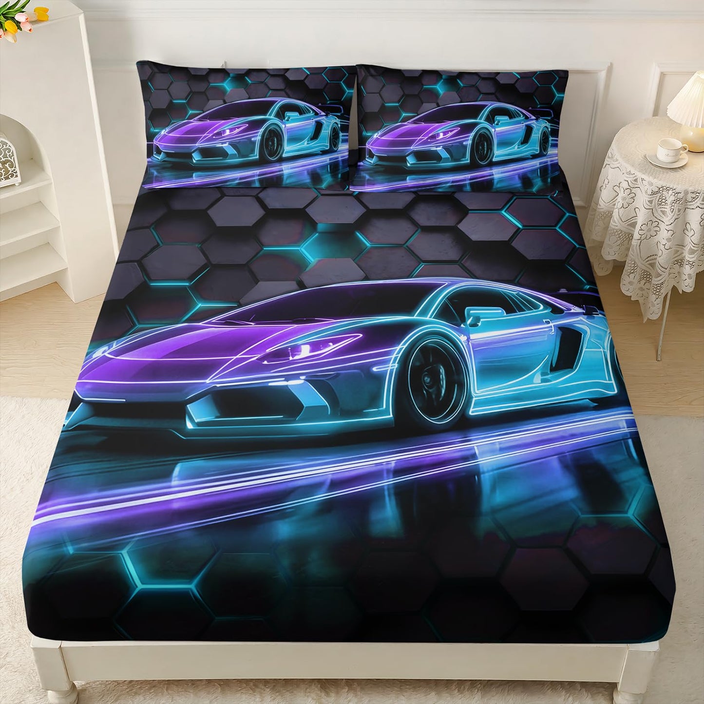 HOSIMA Race Car Bedding Sets Full for Boys,Honeycomb Geometric Background Neon Pattern Cool Extreme Sports Bedding for Kids Men Car Room Decor,1 Fitted Sheet+2 Pillowcases.