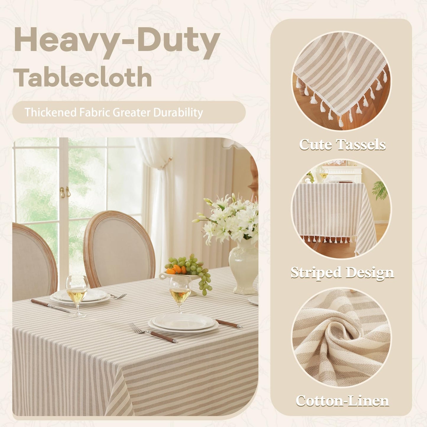 Laolitou Beige Striped Table Cloth Square Table Wrinkle Resistant Cotton Linen Tablecloth Washable Table Cover for Dining Kitchen,Beige and White,55"X55"