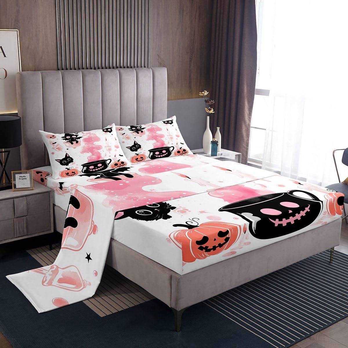 Feelyou Kids Halloween Bed Sheets Set Full Size, Pumpkin Sheet Set Boys Girls Cute Ghost Bedding Set Black Cat Teens Bedroom Decor with 2 Pillow Case