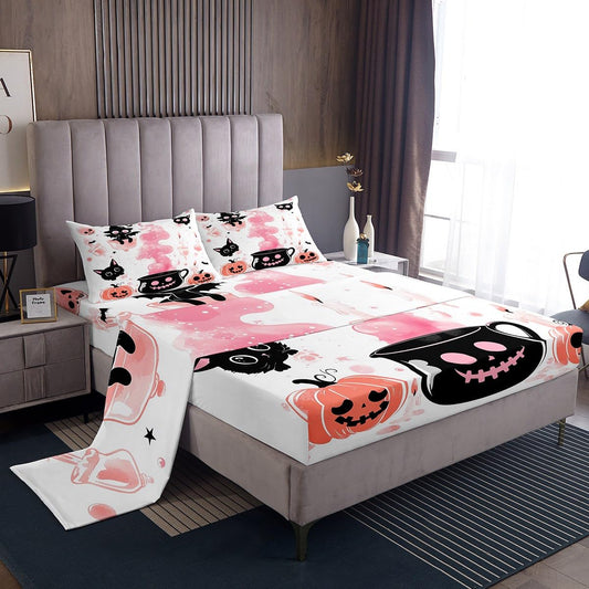 Feelyou Kids Halloween Bed Sheets Set Full Size, Pumpkin Sheet Set Boys Girls Cute Ghost Bedding Set Black Cat Teens Bedroom Decor with 2 Pillow Case