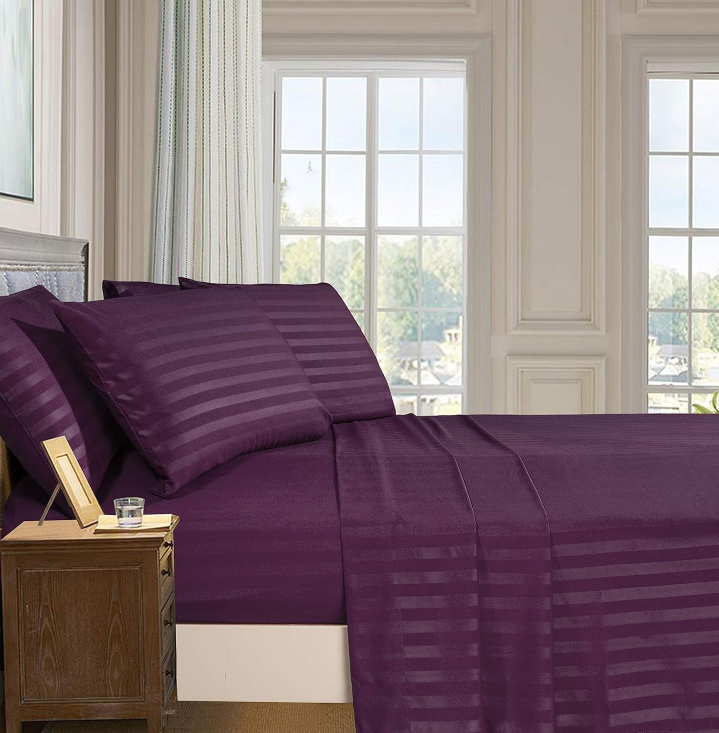 Elegant Comfort Luxury Soft Bed Sheets Dobby Stripe 1500 Premium Hotel Quality Microfiber Softness Wrinkle and Fade Resistant (4-Piece) Bedding Set, Twin XL, Stripe Sangria Purple