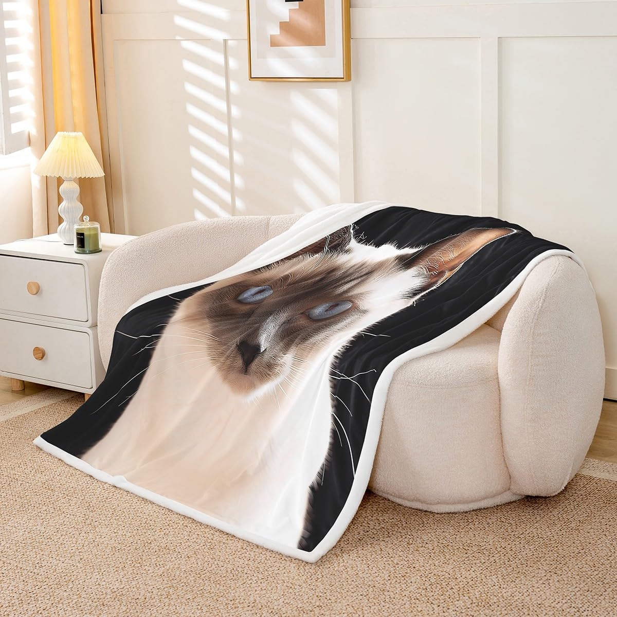 Feelyou Cute Cat Sherpa Blanket Siamese Cat Fleece Throw Blanket Girls Cartoon Pet Cat Plush Blanket Lightweight Microfiber Fuzzy Blanket for Sofa Bed Couch 50" x 60"