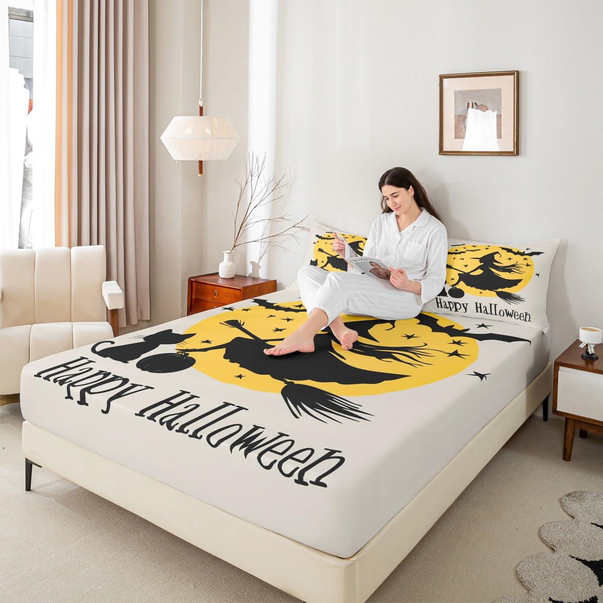 Feelyou Kids Halloween Sheet Set Full Size, Witch Bed Sheets Set Boys Girls Happy Halloween Bedding Set Black Bat Teens Bedroom Decor Microfiber Soft Bed Set