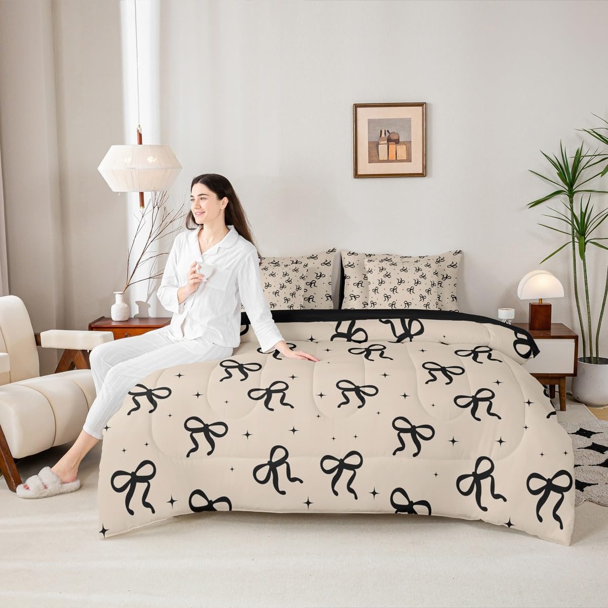 Erosebridal Black and Beige Bow Bedding Set 7-Piece for Girls Women Coquette Modern Fashion Twin Size Comforter Set with Sheets Preppy Aesthetic Girly Bow Bed in A Bag for Kids Teens Adults