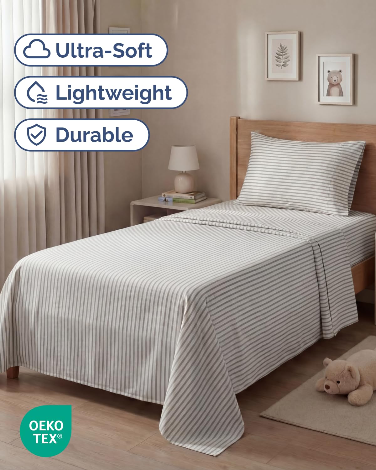 Twin Size 3 Piece Sheet Set - Comfy Breathable & Cooling Sheets - Hotel Luxury Bed Sheets for Women & Men - Deep Pockets, Easy-Fit, Soft and Wrinkle Free Sheets - Grey Stripes Oeko-Tex Bed Sheet Set