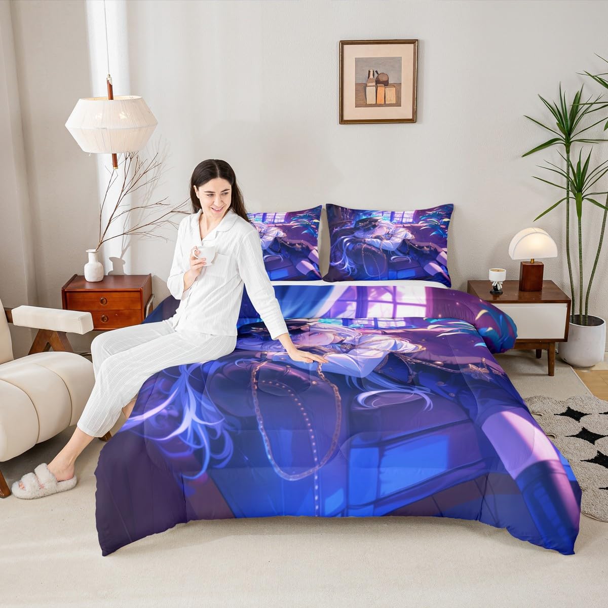 Erosebridal Japanese Anime Comforter Set,Cartoon Uniform Girls Bedding for Boys Teen Bedroom Decoration Cute Japanese Cartoon Full Size Duvet Set, Anime Aesthetic Art Quilt with 2 Pillowcases