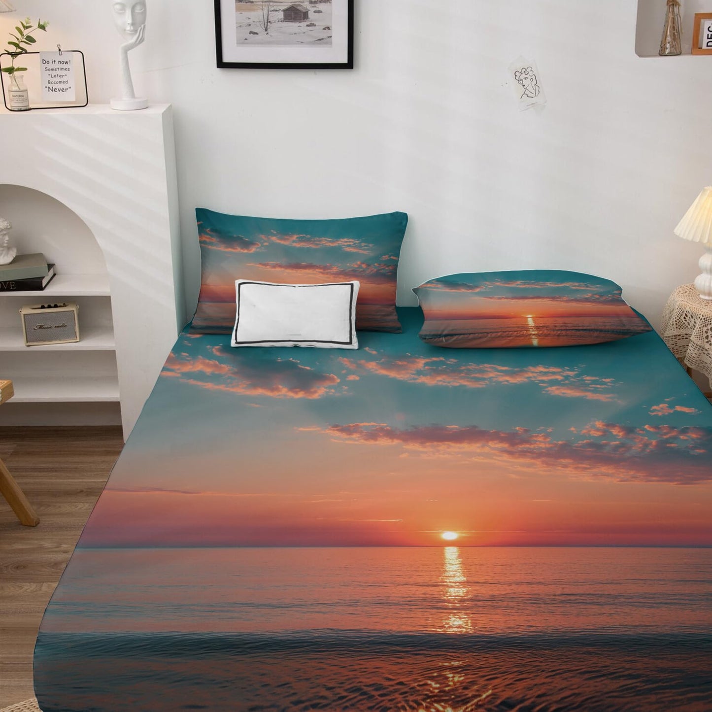 NOGAWA Sunset Sea Sheets King Size, Ocean Landscape Bed Sheets, Patterned Bedding Sheets & Pillowcases 4 Piece Set - Soft Microfiber Deep Pocket Fitted Sheet & Flat Sheet & 2 Pillow Cases