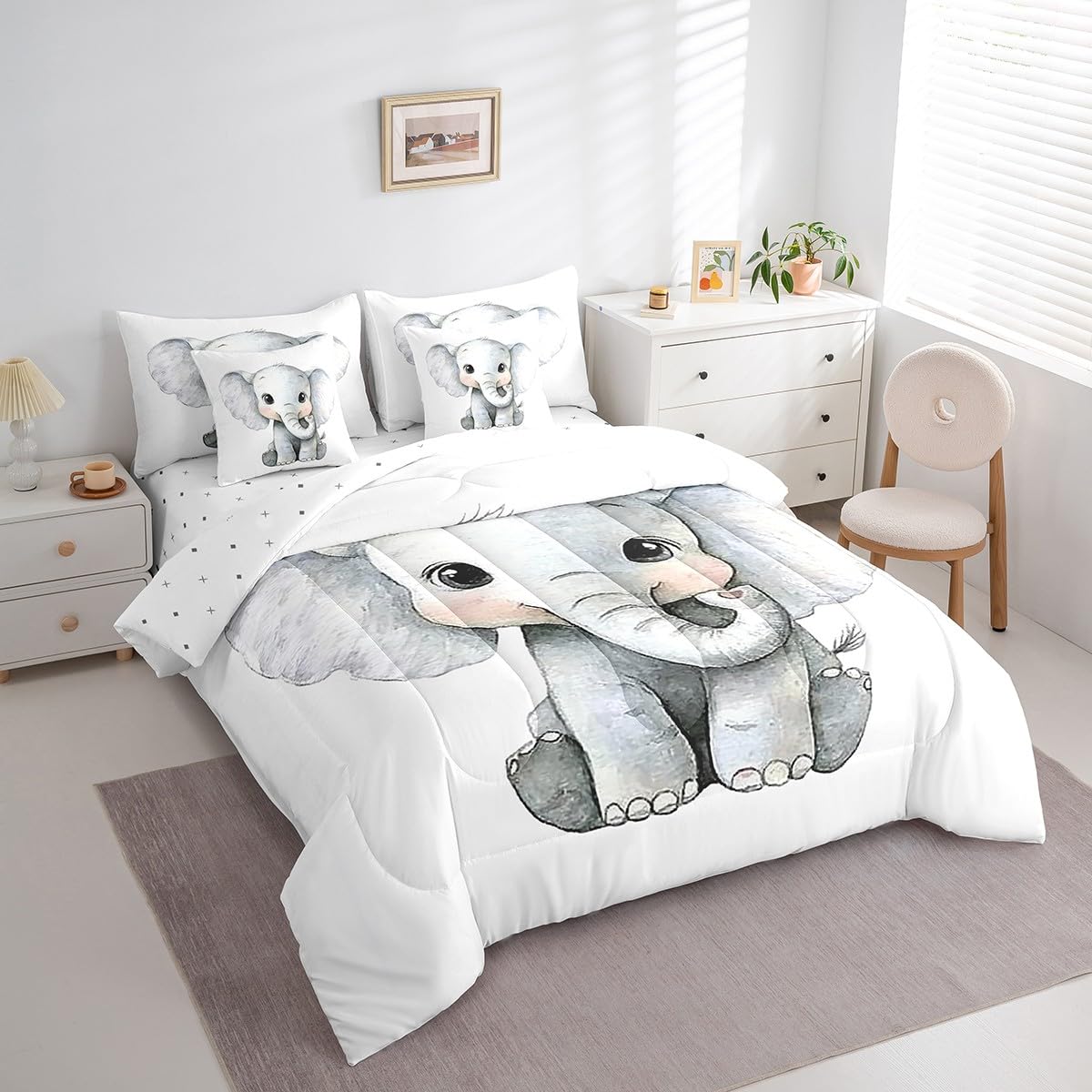 Erosebridal Kawaii Elephant Twin Size Comforter Set with Sheets Kids | African Jungle Animal 7-Piece Bedding Set Tropical Forest Wildlife Pattern Bed in a Bag Cartoon Wild Safari Animal Bed Quilt Sets