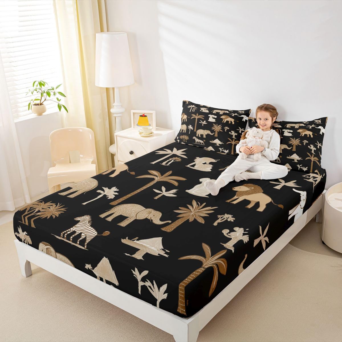 Erosebridal Jungle Animals Bed Sheets Full Cartoon Kawaii Sheet Set for Kids Boys Girls Elephant Lion Giraffe Animal Sheets Wildlife Flat Fitted Sheet 3 Pcs
