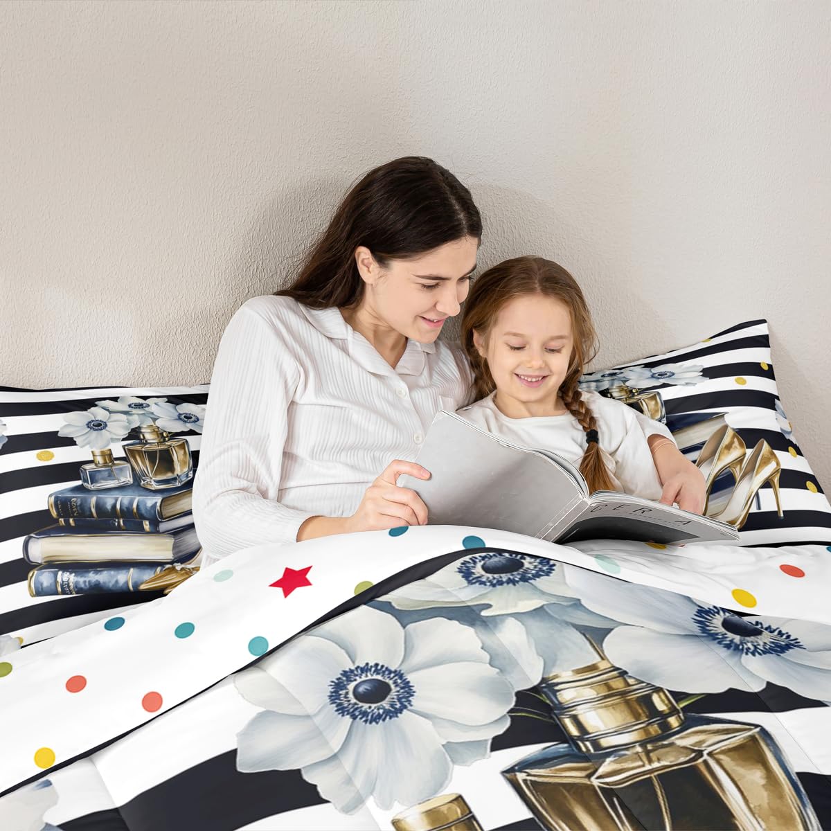 Erosebridal Fashion Comforter King Size for Girls Teens Women Black White Stripes Bedding Set Blue Gold Floral & Oil Painting Book Modern Duvet Insert Perfume High Heels Bed Sets