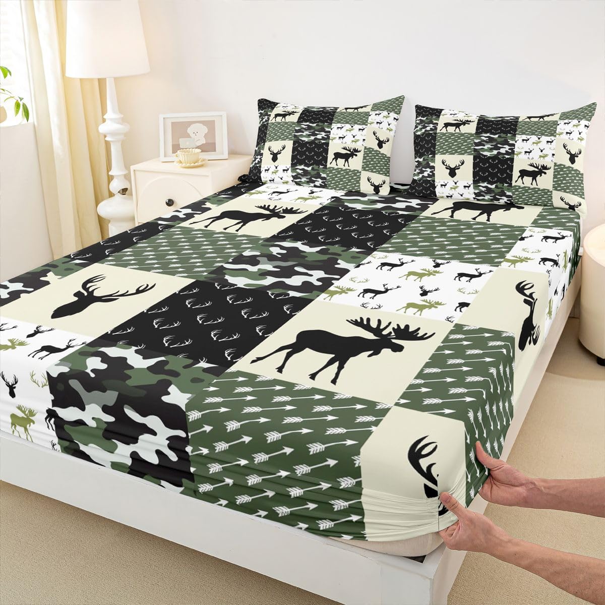 Army Green Camouflage Bedding Set, Camo Deer Silhouette Fitted Sheet for Kids Boys Teens Antlers Boho Arrows Bed Sheet Grid Militarily Fitted Bed Sheets 3 Pieces, Full Size(No Top Sheet)