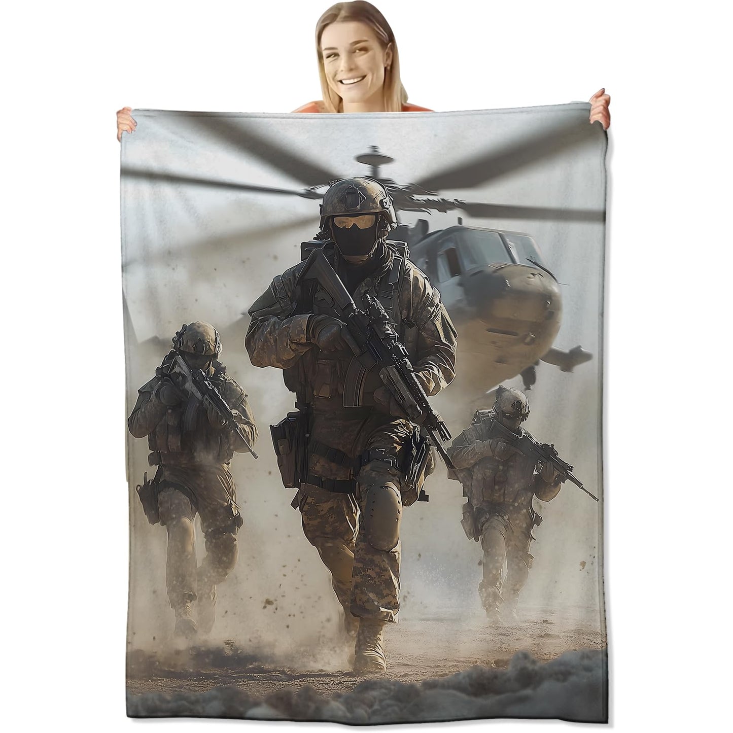 cromcu Patriotic Soldier Flannel Throw Blanket 60x50 Inch, Army with Rifles and Helicopter in Desert Storm, Realistic War Scene Blankets for Living Room, Bedroom, Sofa, Men Gifts Throws